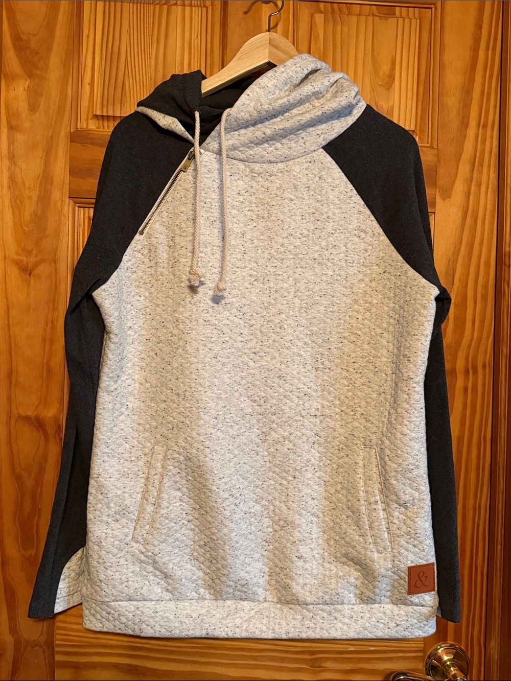 AMPERSAND AVE Two-Tone Cowl Hoodie in Light Gray and Black